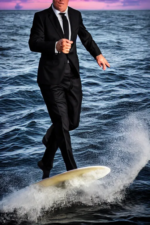 Image similar to white man in black suit surfs in office, sunset, aurora, dslr, insane details, flying dolphins, hyper reallistic, 8 k,, ultra clear detail, hdr, textured, award winning, professional photography