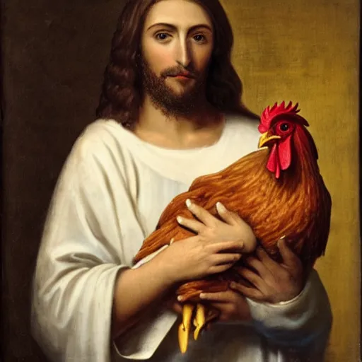 Image similar to jesus christ holding a chicken, portrait,