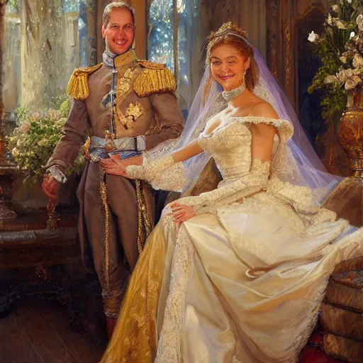 Prompt: detailed painting of prince william marrying attractive gigi hadid, highly detailed painting by gaston bussiere, craig mullins, j. c. leyendecker 8 k, 4 k, smiling couple, royal painting, human face, watercolor, realistic human