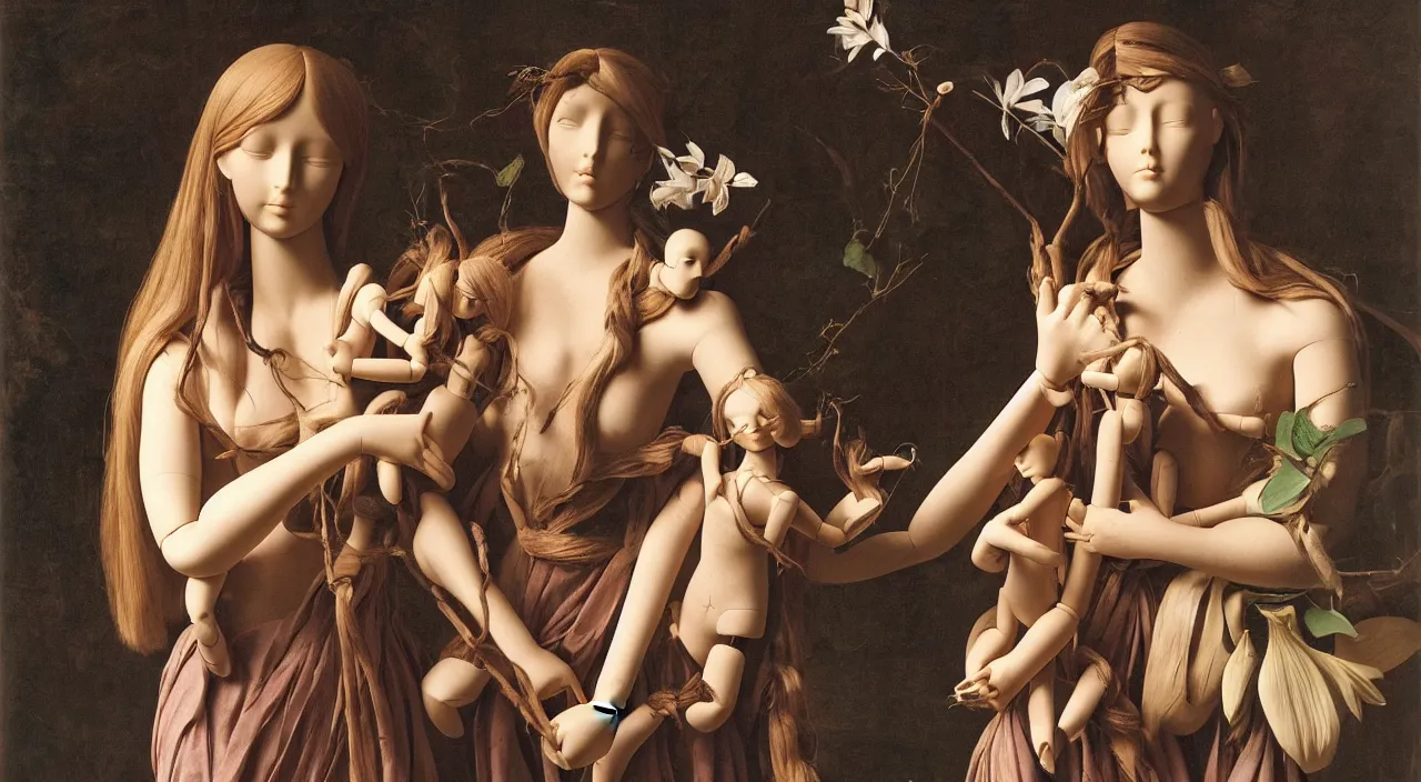 Prompt: a beautiful female mannequin, jointed wooden dolls with long flowing hair, holding each other, holding a large moth in her hands, moths, big lilies, by Raphael, by Caravaggio