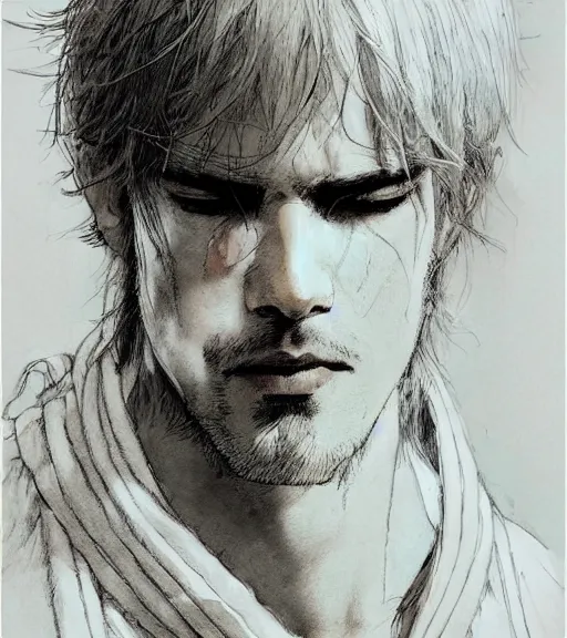 Image similar to portrait of anime man with long hair wearing a white robe stained, pen and ink, intricate line drawings, by craig mullins, ruan jia, kentaro miura, greg rutkowski, loundraw