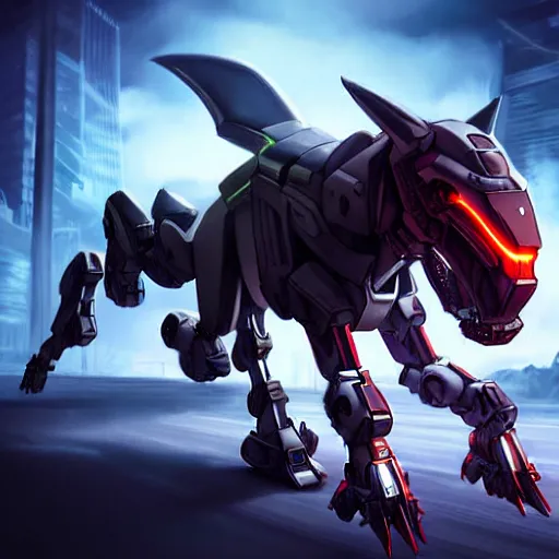 Image similar to hyper realistic, photographic, highly detailed cinematic full body shot of a mecha canine, sharp claws, sleek armor, glowing visor, charging through city, destroying city, digital art, furry art, dragon art, zoids art, furaffinity, deviantart