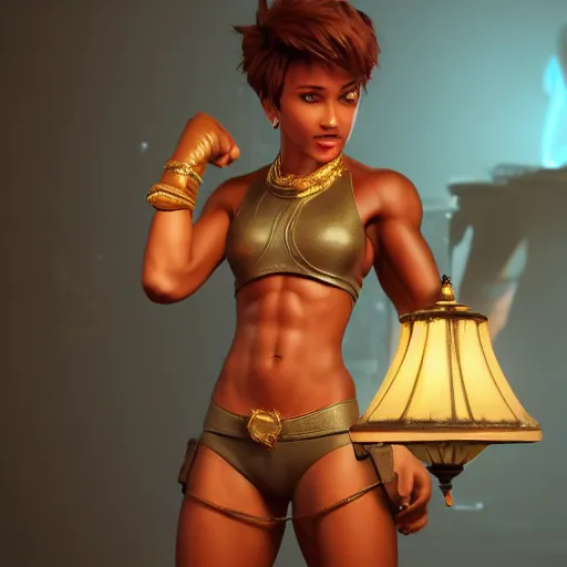 Image similar to a short young genie, with spikey short brown hair, brown skin, abs, a confident smile, emerging from her lamp and flexing her bicep, trending on artstation, 4k, hyperrealistic, focused, extreme details, unreal engine 5, cinematic, masterpiece