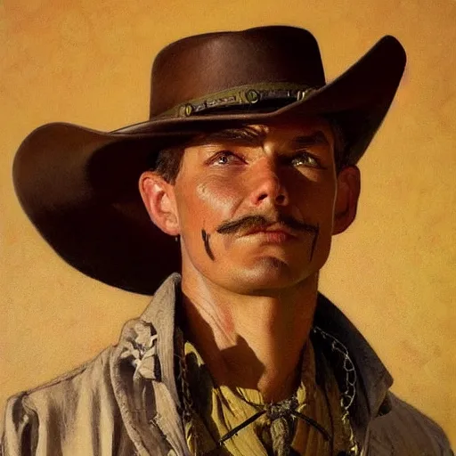 Image similar to a man, cowboy hat, portrait, wild west, fantasy, highly detailed, oil painting, artstation, concept art, illustration, art by J. C. Leyendecker and norman rockwell