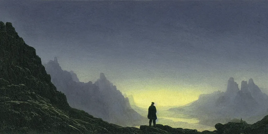 Prompt: small male figure in epic foggy mountainscape, expansive view, dozens of thin glowing straight lines extend from ground into the sky, by Caspar David friedrich