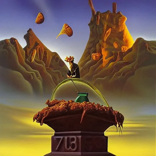 Image similar to The famous gargoyle of McDonalds, surrealist landscape painting by Vladimir Kush