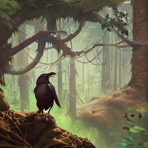 Image similar to concept art painting of an anthropomorphic humanoid steampunk crow, in the deep forest, realistic, detailed, cel shaded, in the style of makoto shinkai and greg rutkowski and james gurney