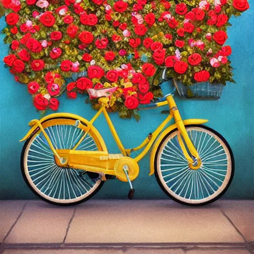 Image similar to a beautiful storybook painting of a vintage yellow Schwinn bicycle with a basket of red roses on the front propped up against a blue wall, anime style by Grzegorz greg rutkowski and Studio Ghibli, nostalgic heart-warming, trending on artstation hq