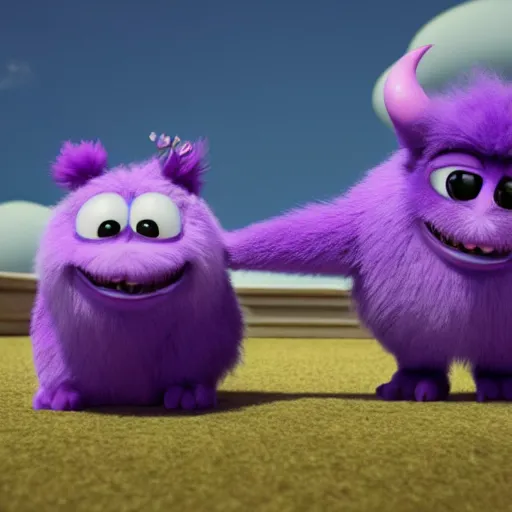 Image similar to a purple fluffy monster, adorable and cute, pixar, octane render, 4k