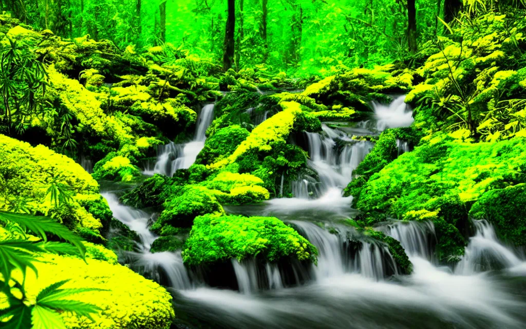 Prompt: vibrant yellow-green, glowing channels of color, cannabis flowers, garden of eden, with highly photoreal mountains, amazing flowers and foliage, beautiful waterfalls and streams concept art
