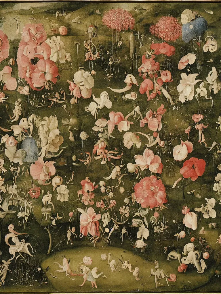 Image similar to beautiful large flowers in a garden, in the style of hieronymus bosch,