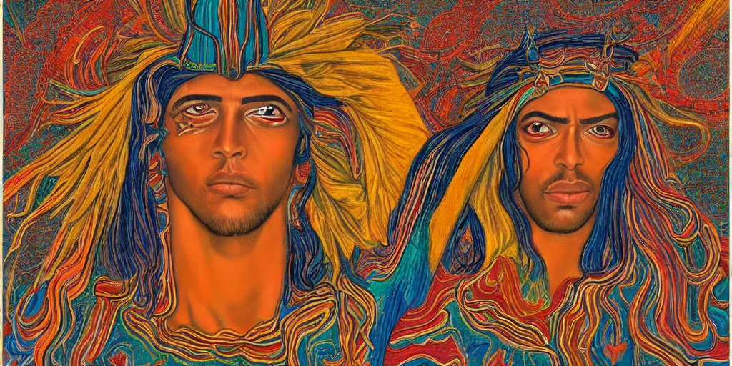 Prompt: an abstract spiritual background, a latino greek god dancing, clear eyes. 2 4 mm, photorealistic, muted color scheme, directed by mati klarwein