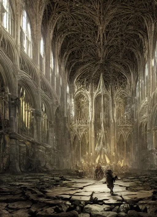 Image similar to medieval adventurers in lord of the rings scenery landscape, inside an enormous overgrown cathedral made of bones, water, reflections, magic portal,, highly detailed, cinematic lighting, vivid colors, perfect composition, 4 k, gustave dore, derek zabrocki, greg rutkowski, belsinski, octane render