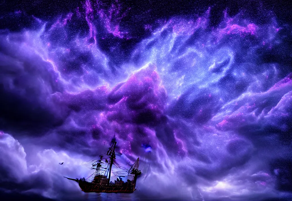 Image similar to purple color lighting storm with stormy sea close up of a pirate ship firing its cannons trippy nebula sky with dramatic clouds painting by banksy Photorealism