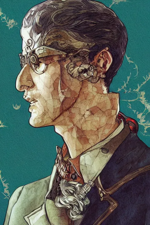 Image similar to zoomed out portrait of a german duke, stylized illustration by yoshitaka amano and moebius, watercolor gouache detailed paintings, mucha vibe, dieselpunk, solarpunk, artstation