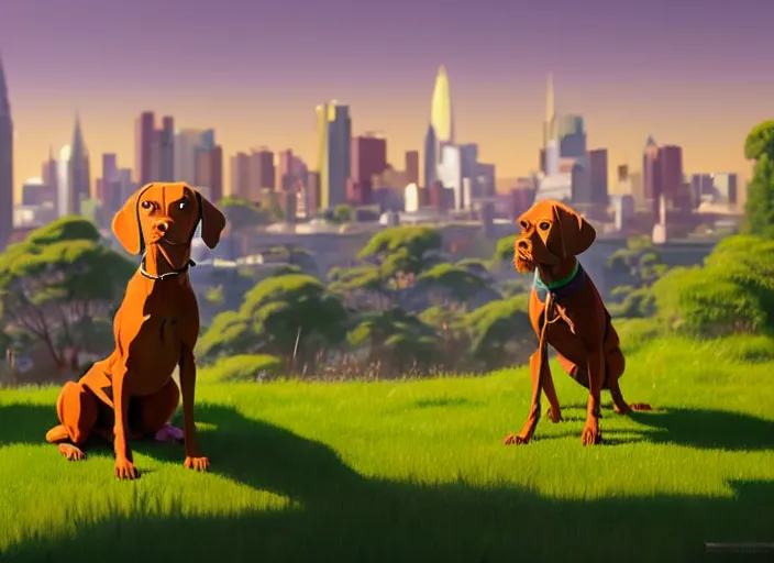 Image similar to a wholesome animation key shot of a brown vizsla dog wearing a green sweater, adelaide city in the background, studio ghibli, pixar and disney animation, sharp, rendered in unreal engine 5, anime key art by greg rutkowski, bloom, dramatic lighting