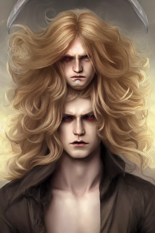 Prompt: digital art of a pale menacing Demon of Battle with long blond curls of hair and piercing eyes, young androgynous male, central composition, he commands the fiery power of resonance and wrath, very very long blond curly hair with bangs!!!, Center parted bangs, fringe, baroque curls, tight rolled drill curls, by Ross Tran Rossdraws and WLOP, Artstation, CGsociety