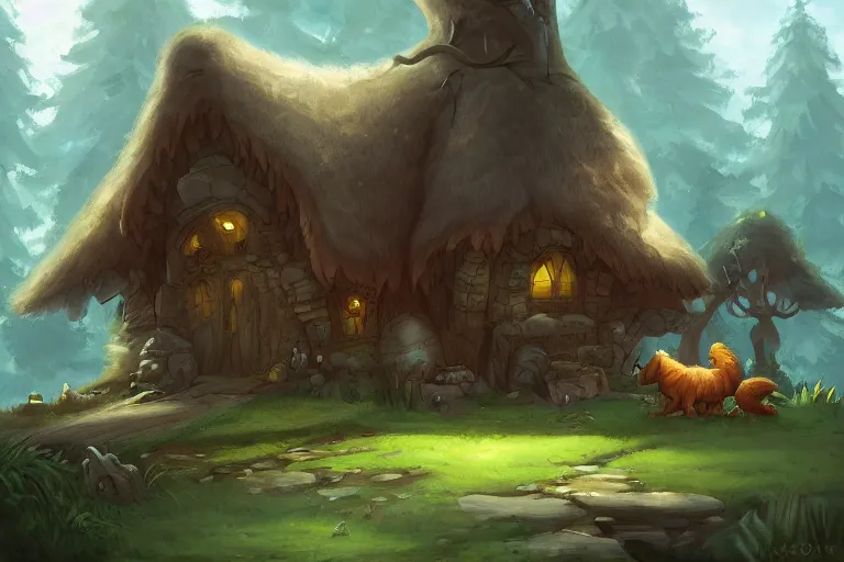 Image similar to a painting of a little cottage sitting on the back of a giant wolf that is walking through a magical forest, by andreas rocha, trending on artstation