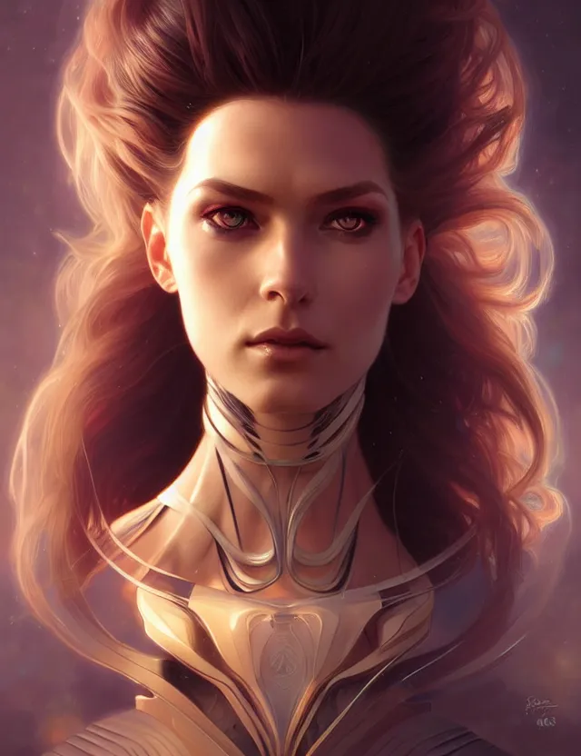 Image similar to futuristic woman portrait, sci-fi, amber eyes, face, long hair, fantasy, intricate, elegant, highly detailed, digital painting, artstation, concept art, smooth, sharp focus, illustration, art by artgerm and greg rutkowski and alphonse mucha