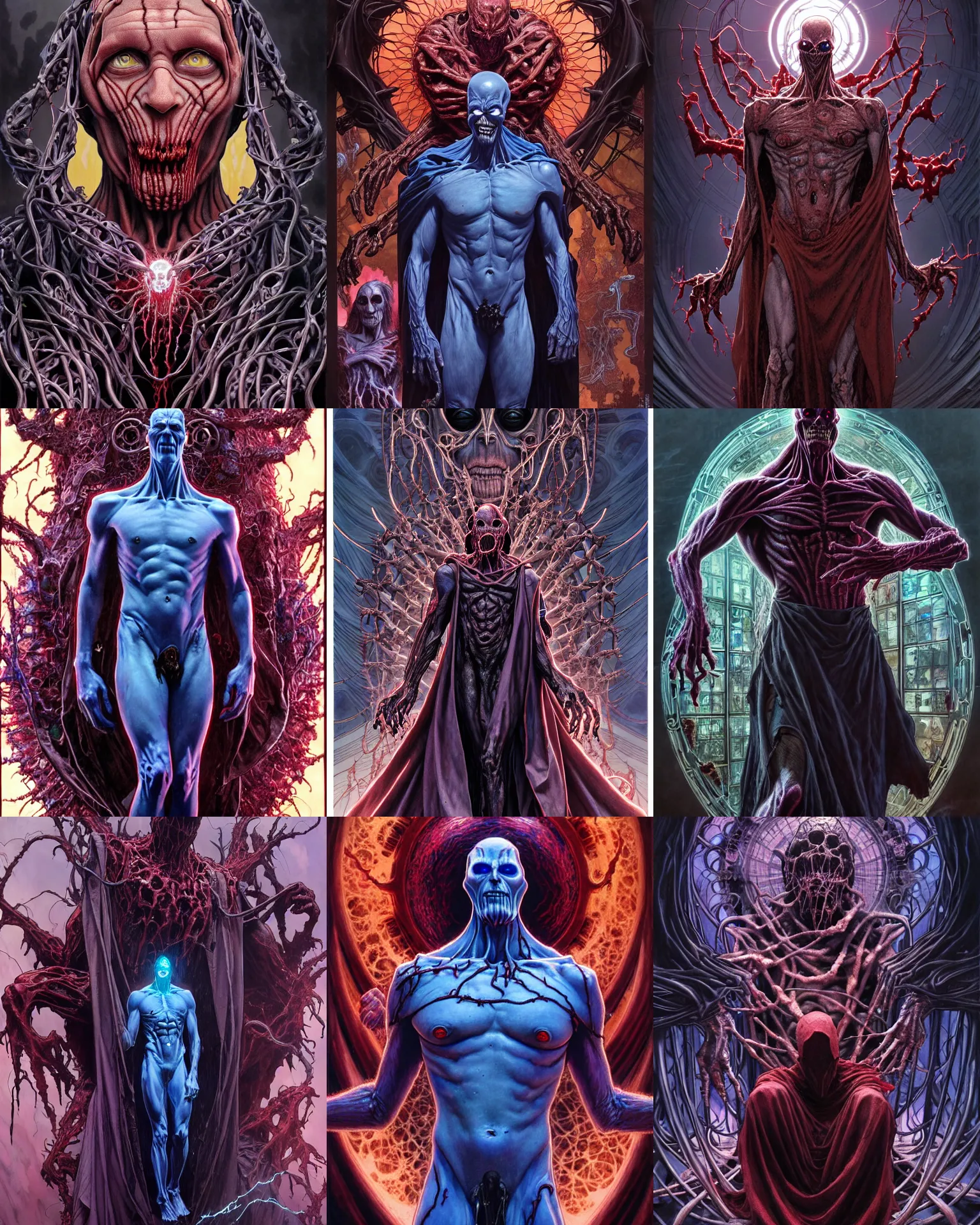 Prompt: the platonic ideal spawn of cletus kasady ultimate carnage thanos dementor doctor manhattan chtulu nazgul, detailed, intricate, hyperrealism, intense, scary, decay, dmt, art by brock hofer and artgerm and greg rutkowski and alphonse mucha
