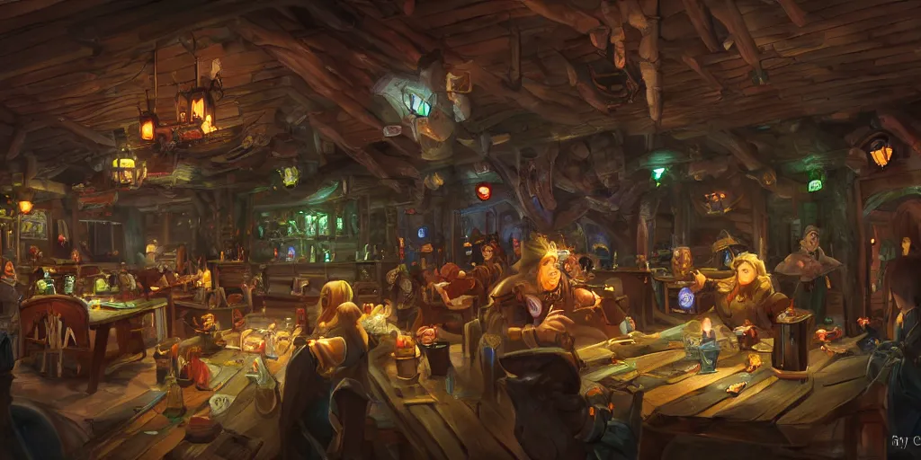 Prompt: A fantasy tavern, video game design, Eric Wong