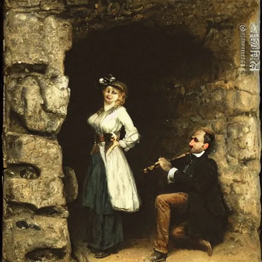 Image similar to young victorian man and woman investigators solving a riddle carved into a stonewall in a dungeon, by alfred stevens