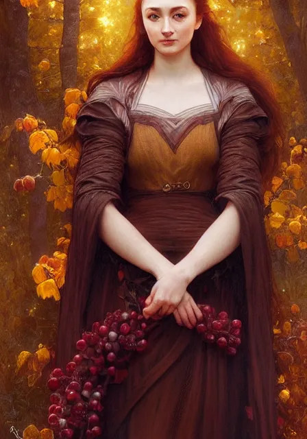 Image similar to portrait of sansa stark gold lights autumn berries roses, intricate, elegant, highly detailed, digital painting, artstation, concept art, smooth, sharp focus, illustration, art by artgerm and greg rutkowski and alphonse mucha and william - adolphe bouguereau