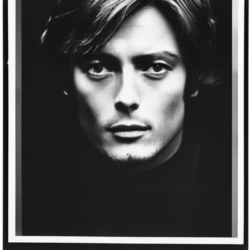 Image similar to stunning symmetrical portrait of alain delon in front of a ( ( ( tall moog synthesizer ) ) ), high contrast grainy blank and white photography print ilford warm tone, huge modular synthesizer