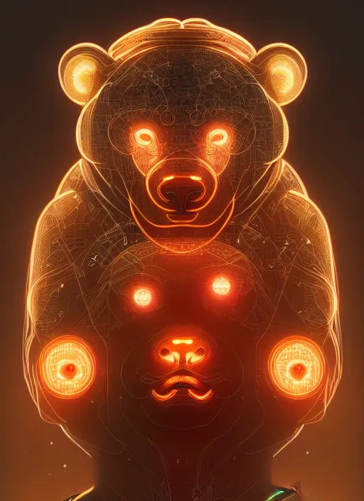 Prompt: symmetry!! portrait of cyborg bear, glowing lights!! intricate, elegant, highly detailed, digital painting, artstation, concept art, smooth, sharp focus, illustration, art by artgerm and greg rutkowski and alphonse mucha