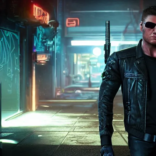 Image similar to a detailed full bodied 3 d render of an extremely handsome jensen ackles as the terminator walking down a dark alley in cyberpunk 2 0 7 7, holding futuristic crossbow, volumetric lighting, octane render, 8 k, art by greg rutkowski and albert bierstadt and alphones mucha