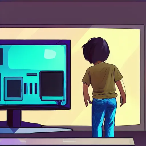 Image similar to kid looking at you standing next to an old computer monitor, trending on artstation