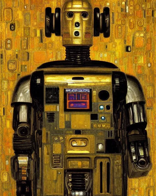 Image similar to Portrait of a droid from iRobot by Gustav Klimt, cyberpunk noir, baroque elements, intricate artwork by caravaggio, aesthetic, intricate, highly detailed, masterpiece