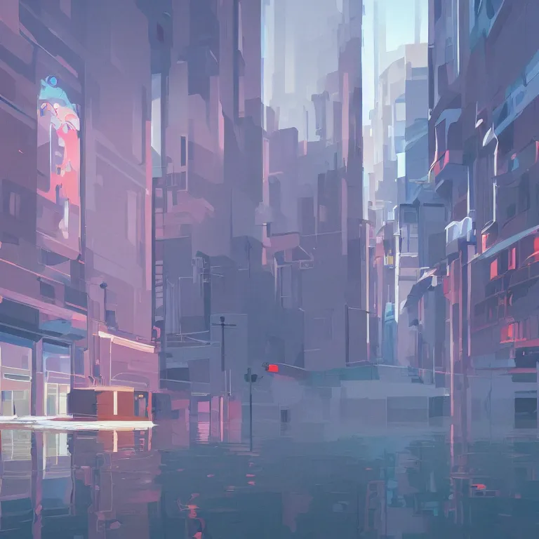 Prompt: morning flood in an empty city, , painted by James Gilleard, airbrush