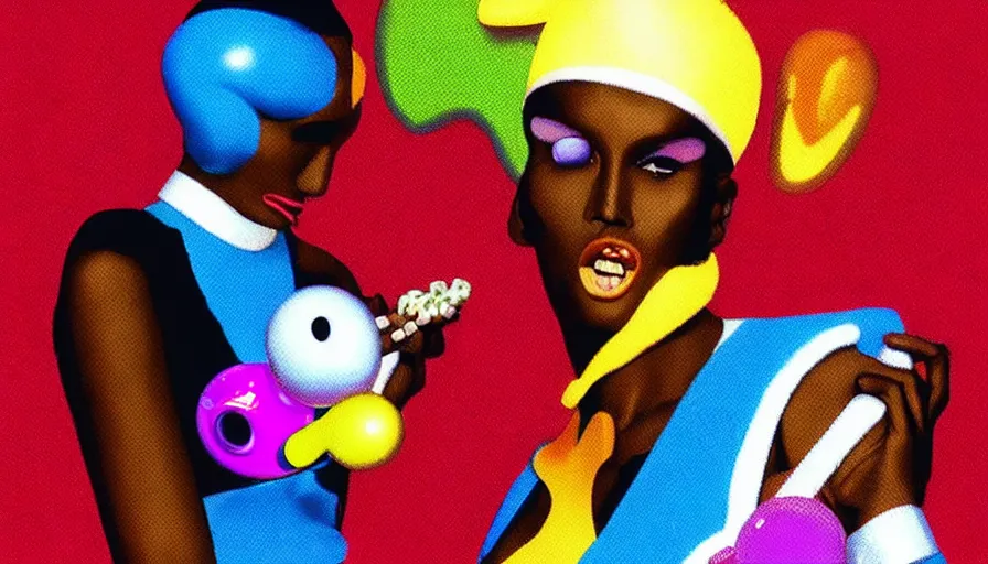 Image similar to beautiful still from retro snes arcade game featuring grace jones feeding her bioenhanced tamagotchi child, hyperreal detailed facial features and uv lighting, retro nintendo bitmap pixel art