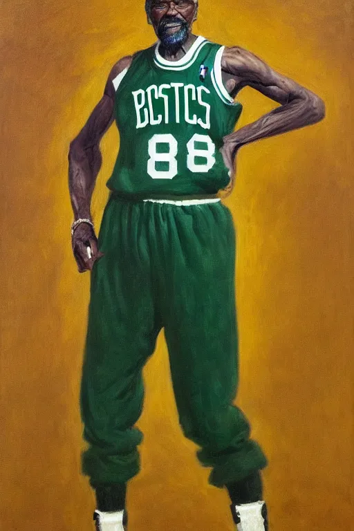 Prompt: full body portrait of the dictator of the boston celtics, bill russell, 1 8 8 9, in full military garb, oil on canvas by william sidney mount, trending on artstation