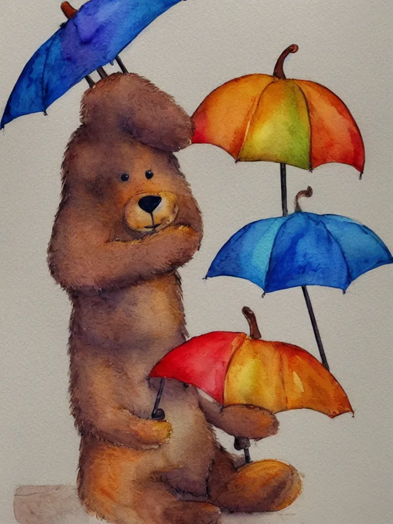 Prompt: autumn a bear with an umbrella watercolor by arti chauhan trending on artstation