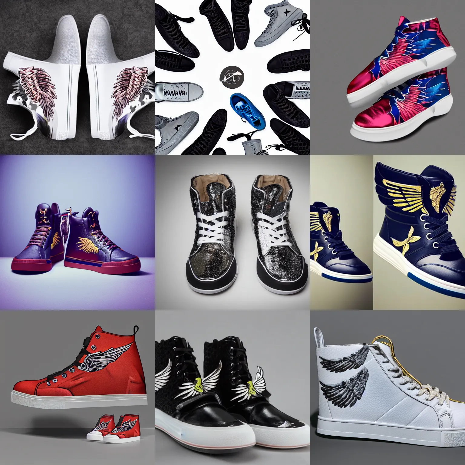 Prompt: fancy high top sneakers with wings, product photo, studio lighting, highly detailed