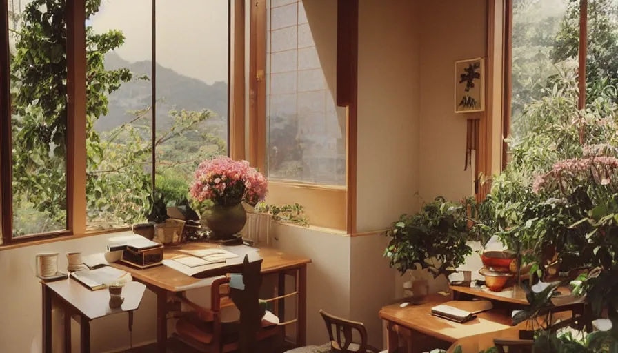 Image similar to 1 9 9 0 s candid 3 5 mm photo of a beautiful day in the a dreamy japanese flowery cottage designed by gucci, cinematic lighting, cinematic look, golden hour, a desk for flower arrangements and journaling has sun shinning on it through a window, temple in the distance, photographed by petra collins, uhd