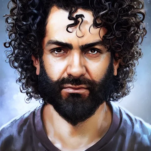 Prompt: a skeptical squinting looking curly - haired persian programmer giving the stink eye, by artgerm and greg rutkowski and magali villeneuve