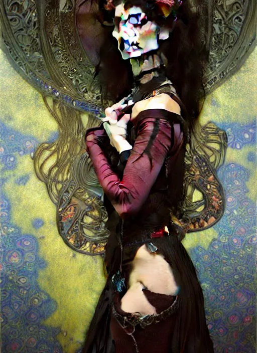 Image similar to hyper detailed masterpiece vampire girl duchess by donato giancola and tom bagshaw, face by artgerm and edmund leighton, and alphonse mucha, trending on artstation, colorful, psychedelic aesthetic, ornate, background by gustav klimt, 8 k, black gothic, majestic, volumetric lighting, porcelain skin, concept art, sharp focus