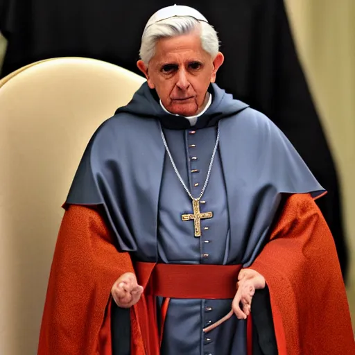 Image similar to pope benedict wearing sith cloak as chancelor palpatine in star wars episode 3, 8 k resolution, cinematic lighting, anatomically correct