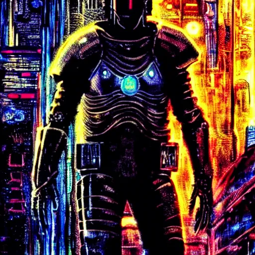 Image similar to keanu reeves as cyberpunk knight, atmospheric lighting, painted, intricate, golden hour, ultra detailed by philippe druillet