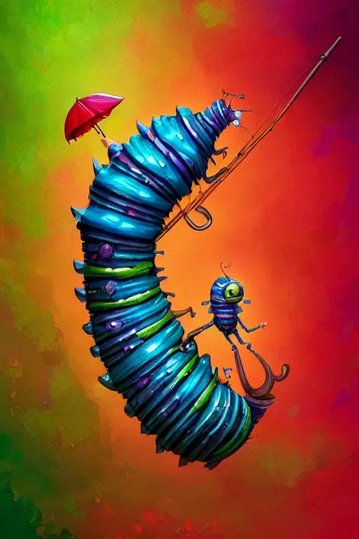 Image similar to a cute caterpillar with an umbrella, colorful, fantasy, intricate, highly detailed, digital painting, HQ, trending on artstation, illustration, style of Stanley Artgerm and Greg Rutkowski and Dan Mumford