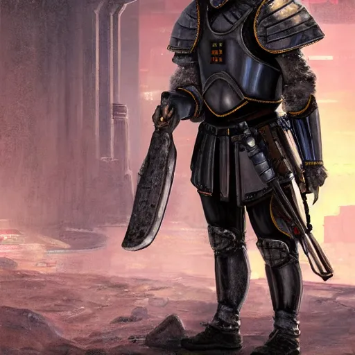 Image similar to portrait of a roman soldier wearing armor, cyberpunk rifle at his side, cinematic, painting