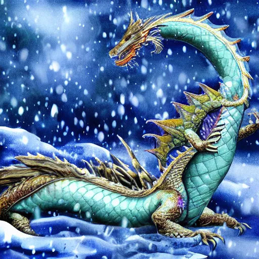 Prompt: HD, photo , realism , chubby female dragon , blue scales. playing in the snow