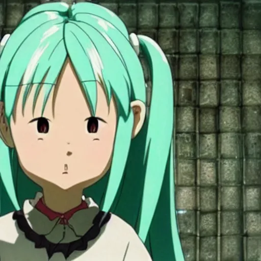 Image similar to a screenshot of hatsune miku in the film spirited away ( 2 0 0 1 )