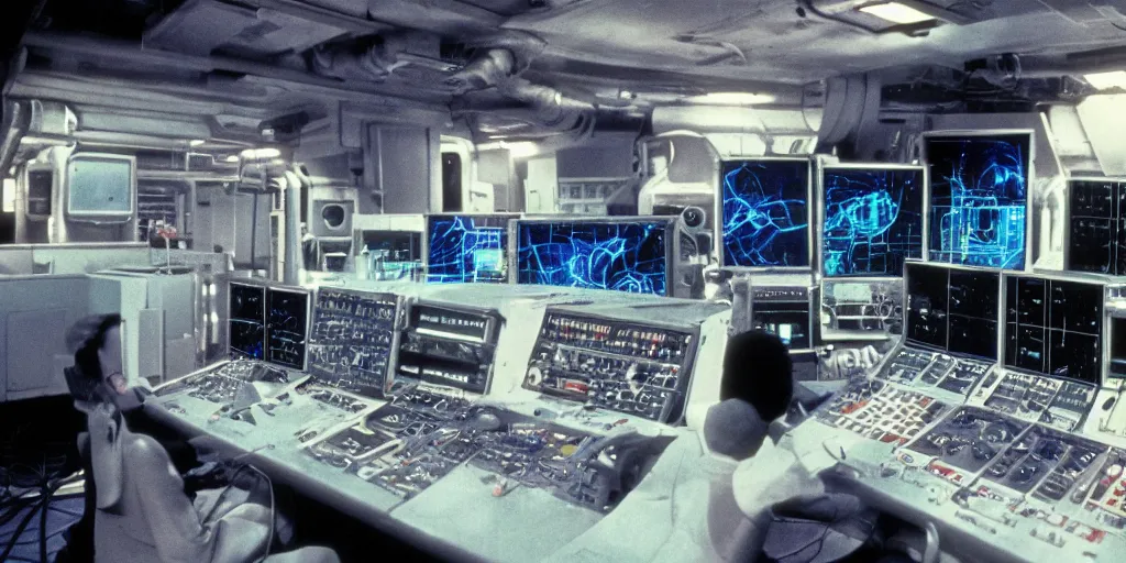 Image similar to colored film still of a machinery control room on a space ship freighter, ridley scott movie, 1 9 8 0 s sci - fi, claustrophobic, long tube, hardware, screens, controls,