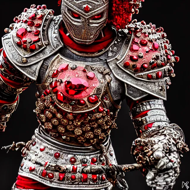 Prompt: photo of a warrior with ruby encrusted armour, highly detailed, 8 k, hdr smooth, sharp focus, high resolution, award - winning photo, dslr, 5 0 mm