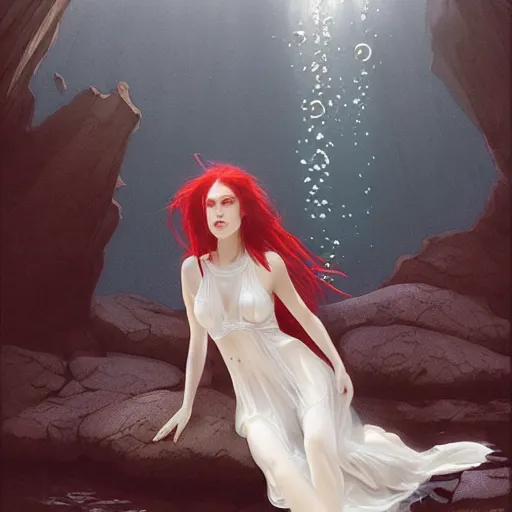 Prompt: a female red hair wearing see through white long dress under the water, bubble, underwater caustic, olive skinned, sumerian, d & d, highly detailed, digital painting, artstation, concept art, sharp focus, illustration, cinematic lighting, art by artgerm and greg rutkowski and alphonse mucha