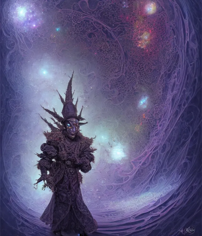 Image similar to front!!! shot of a court jester!!! character, mesmerizing fractal hypercubes, dark holography!!!, future, oil slick nebula, crystalline edges, (((intricate))), elegant, highly detailed, centered, (((artstation, concept art, smooth, sharp focus, artgerm, Tomasz Alen Kopera, Peter Mohrbacher, donato giancola, Joseph Christian Leyendecker, WLOP, Boris Vallejo))), ((raytracing)), mugshot!!!!!, ugly!!!!!!, octane render, nvidia raytracing demo, octane render, nvidia raytracing demo, octane render, nvidia raytracing demo, grainy, muted, 8K, digitalblasphemy, metatron